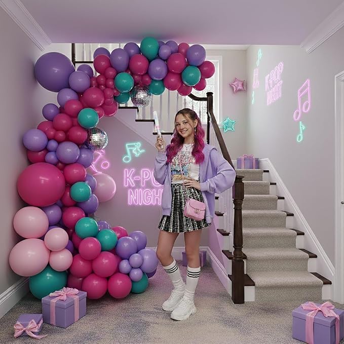 K-Pop Music themed Birthday Decorations with Hot Pink Teal Purple balloon arch & Artificial palm leaves for Girls Summer Tropical Hawaii music fans Prom Party Decorations
