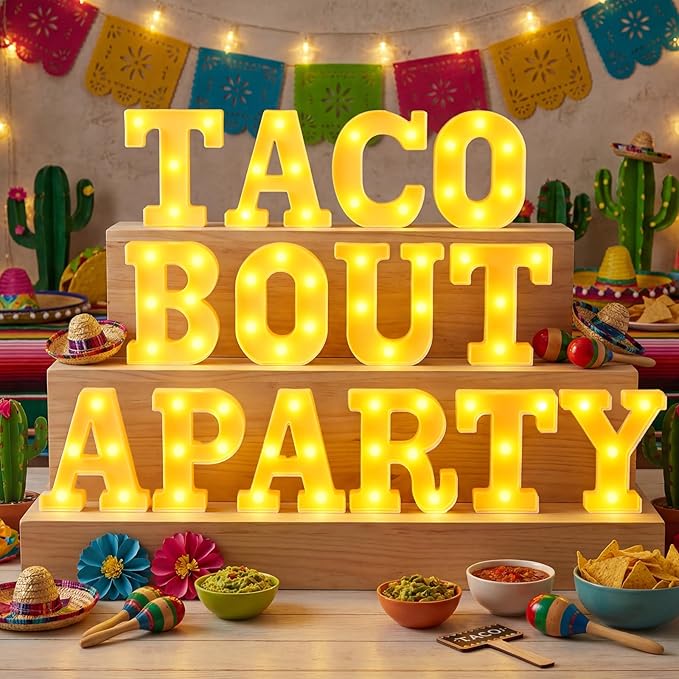 Honoson 14 Pcs Taco Bout a Party Light Decorations Fiesta Cinco De Mayo Decorations Mexican LED Light up Sign Table Decoration for Mexican Taco Twosday Bout Bachelorette Party Home Bar Decor