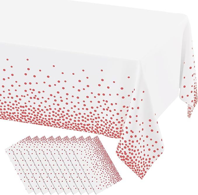 misaya 10 Packs Dot Disposable Table Cloth, 54 x 108 Inch Waterproof Plastic Tablecloth, Rectangle Pink Dots in White Table Covers for Easter, Picnic, Birthday, Party