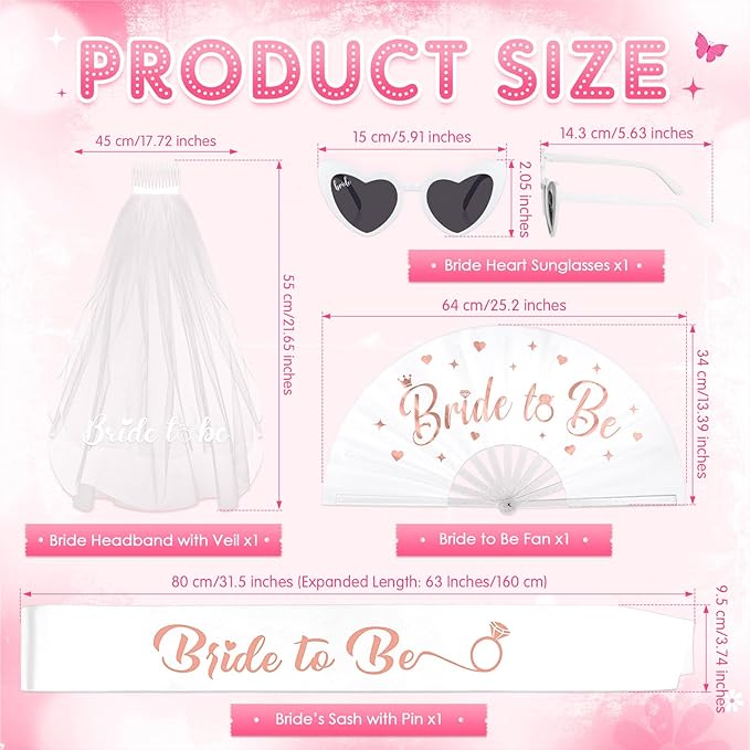 JaGely 4 Pcs Bachelorette Party Decoration Includes Bride to Be Sash and Veil, Glitter Bride Fan and Heart Shaped Sunglasses for Bridal Shower Decorations Bachelorette Party Accessories Favors