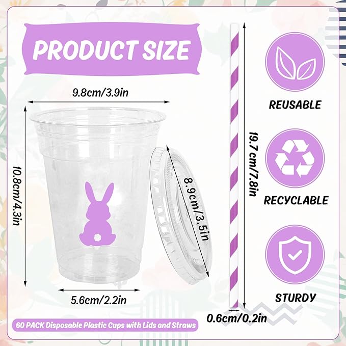 Whaline 60Pcs Easter Bunny Rabbit Disposable Plastic Cups with Lids and Straws 12oz Colorful Bunny Theme Party Cups Spring Beverage Drinking Cup for Anniversary Wedding Birthday Dinner