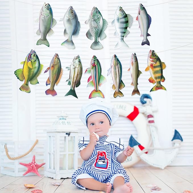 Hooqict Gone Fishing Hanging Banner Garland Fish Birthday Party Banner for Happy Birthday Decorations Fishing Theme Party Supplies Under The Sea Baby Shower Fathers Day Decorations
