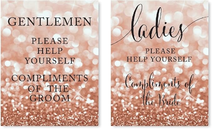 Andaz Press Wedding Party Signs, Glitzy Rose Gold Glitter, 8.5x11-inch, Ladies Gentlemen Bathroom Basket Compliments of Bride Groom, 2-Pack, Bokeh Colored Party Supplies