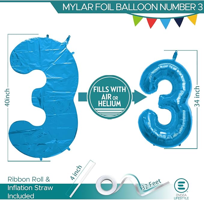 40 Inch Large Blue Number Celebration and Decoration Balloon for Birthday Parties, Graduations, Anniversaries, Weddings, Photo Shoots, Special Events - Helium Foil Mylar (Blue Number 3)