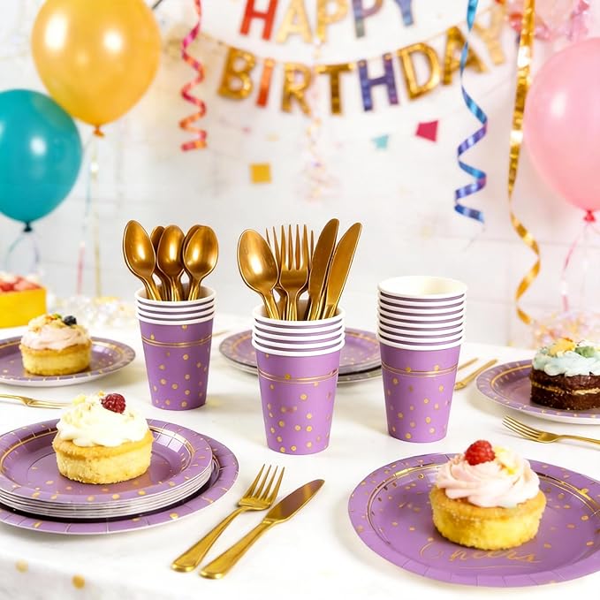 OuMuaMua Purple Gold Disposable Plates Party Supplies for 24 Guests, 168 Pcs Purple Plates, Cups and Napkins with Utensils Set for Birthday Baby Shower Graduation Lavender Party Decorations
