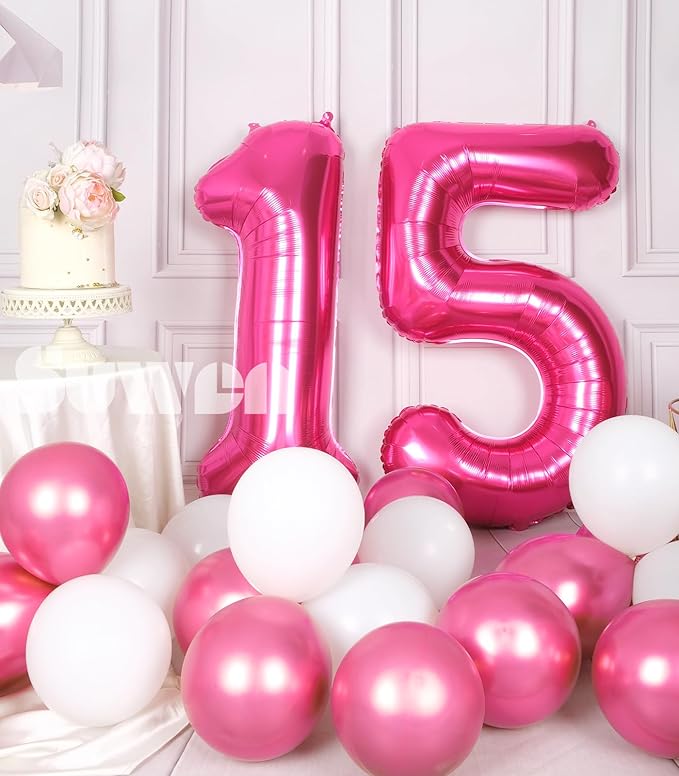SUWEN 40 Inch Hot Pink Large 15 Number Balloons Big Foil Helium Number Balloons 0-9 Jumbo Happy 15th Mylar Birthday Party Decorations for Girl or Women 51 Anniversary Party Supplies