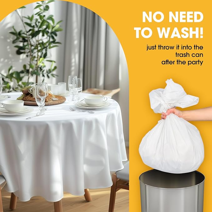 White Plastic Table Cloth Round Table 15 Pack, 84'' Tablecloth for Round Tables, Table Cloth for Disposable Use, Table Cover for Holiday Party, Gathering