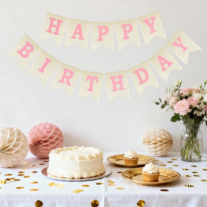 Anwyll Happy Birthday Banner - NO DIY Burlap Happy Birthday Banner Sign Happy Birthdays Party Decoration Happy Birthdays Banners Bunting for Women Girl Princess Celebration Party Backdrops (Pink)