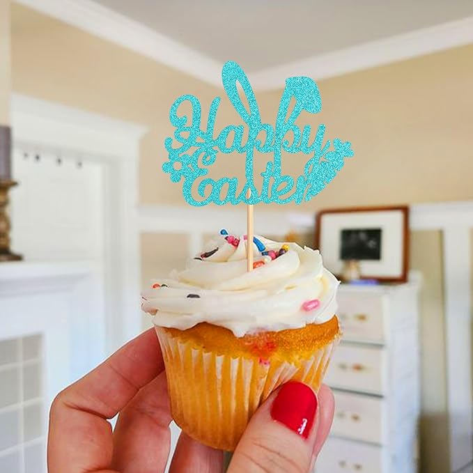 Ercadio 24Pcs Happy Easter Cupcake Toppers Glitter Blue Happy Easter Bunny Ears Cupcake Picks for Easter Day Theme Baby Shower Easter Birthday Party Cupcake Decorations
