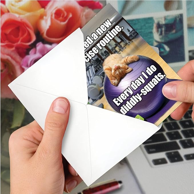 NobleWorks - Pack of 3 Funny Cat Birthday Greeting Cards w/Envelopes, Workout, Gym, Exercise, Animals Lover Humor, Kitten Notecard (1 Designs, 3 Each) - Diddly Squats C3955BDG-C3x1
