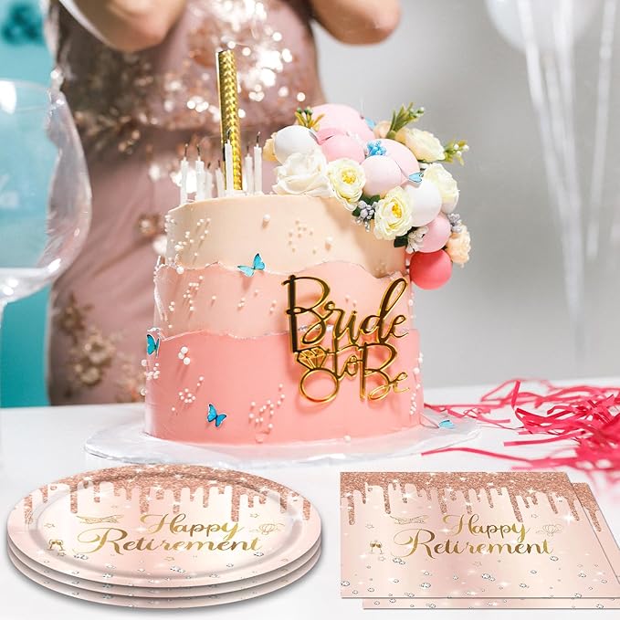 40PCS Retirement Decorations For Women Rose Gold Retirement Party Decorations Supplies Tableware Plates and Napkins for Women Going Away Party Disposable Dinnerware Kit,20 Guests