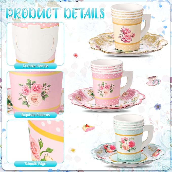 240 Pcs Tea Party Supplies 30 Guests Include Disposable Dinner Plates Dessert Plates Cups Saucers Napkins Knives Forks Spoons Floral Tea Party Tableware Set for Birthday Baby Shower Favors