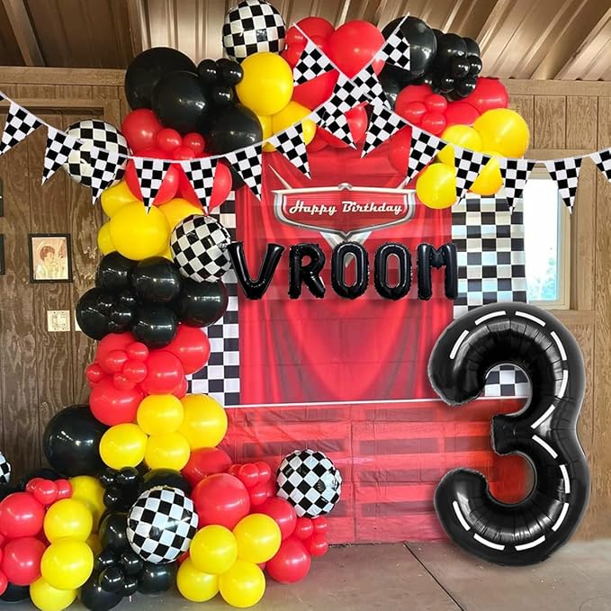 134pcs Balloons Race Car Party Supplies - Racing Car Theme Decorations Kit With Number Balloons, Garland, Vroom Birthday Party Decorations