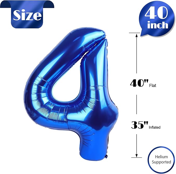 Metallic Blue Number 4 Balloon 40 Inch, 4 Balloon Number, 4th Birthday Decorations, Navy Blue Party Supplies for Boys Girls