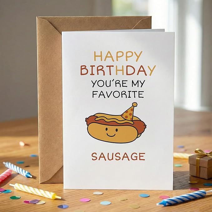 KINGNAME Funny Cute Birthday Card for Him, Hot Dog Pun Card, Favorite Sausage Cute Food Pun for Boyfriend Husband Partner