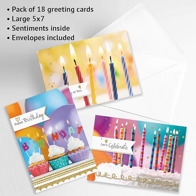 Current Photo Birthday Greeting Card Value Pack – Set of 18 (9 Designs), Large 5 x 7 inches, Envelopes Included