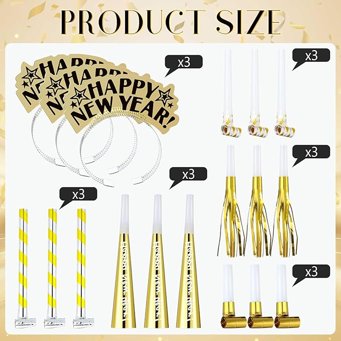 Lenwen 18 Pcs Happy New Years Eve Party Supplies New Year Noise Makers Headband Tiara Party Horn Blowers Whistles Fringed Noisemaker Novelty Favors for Adult Decoration(Gold)