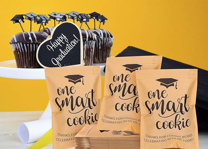 Whaline 100 Pack Graduation Candy Cookie Gift Bags One Smart Cookie Self-Adhesive Buffet Treat Bag Congrats Grad Kraft Paper Treat Gift Bags for Graduation Party Decoration Supplies