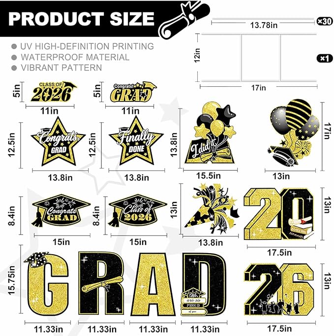15 PCS Graduation Yard Signs Class of 2026 Decorations, 2026 Graduation Decorations - Large 4FT Tall Congrats Grad Lawn Sign Set with H-Stake & Fiberglass Rods, Waterproof Outdoor & Indoor Graduation Party Decor, Black and Gold