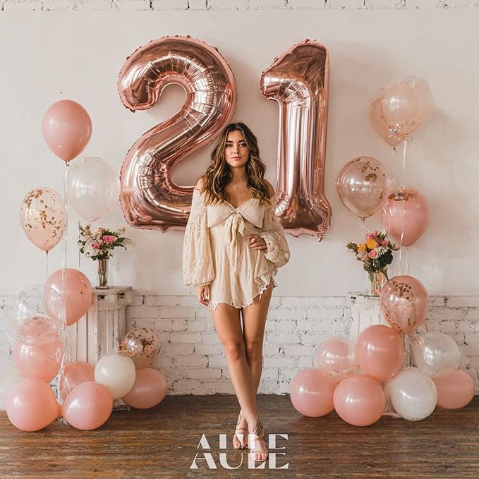 AULE 40 Inch Large 21 Number Balloons Rose Gold Big Foil Number Balloons Giant Helium Happy 21st Birthday Party Decorations for Women Huge Mylar 12 Anniversary Supplies