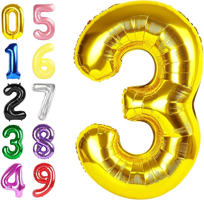 Numbers Balloons, 40 Inch 3 Balloon for Birthday Party Decoration, Gold Number 3 Ballon for 3, 13, 23, 30 Celebration, Boy and Girl Birthday, Christmas, Anniversary Decor