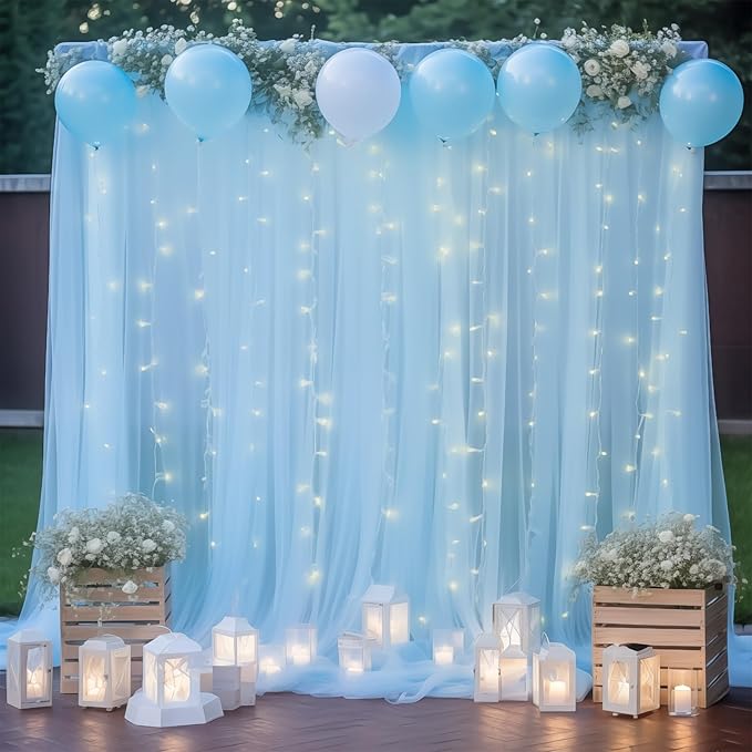 10ft x 8ft Blue Backdrop Curtain with Lights String for Parties, Sheer Tulle Wedding Photo Backdrops Drapes for Baby Shower Birthday Party Decorations Background for Photography