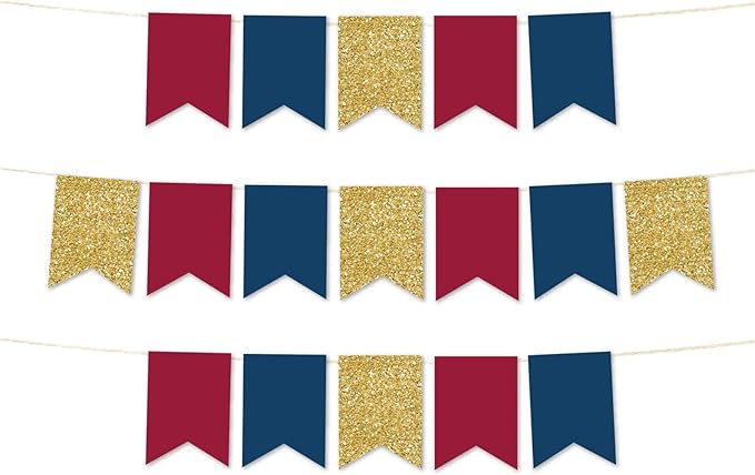 Andaz Press Hanging Pennant Banner with String, Burgundy, Navy Blue, Faux Gold Glitter, 1-Set, 24 Pennants, Approx. 12-Feet Long, Jewel Autumn Theme Colored Supplies
