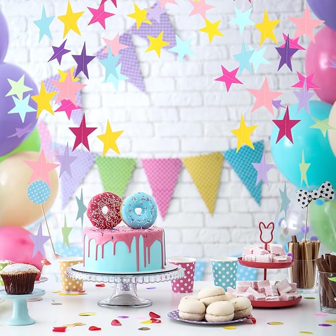 Spakon 65 Feet Glitter Star Paper Garland Banner Hanging Decoration Star Streamers Double Side 2026 Graduation Decorations for Wedding Birthday Festival New Year Party Decoration (Pastel)
