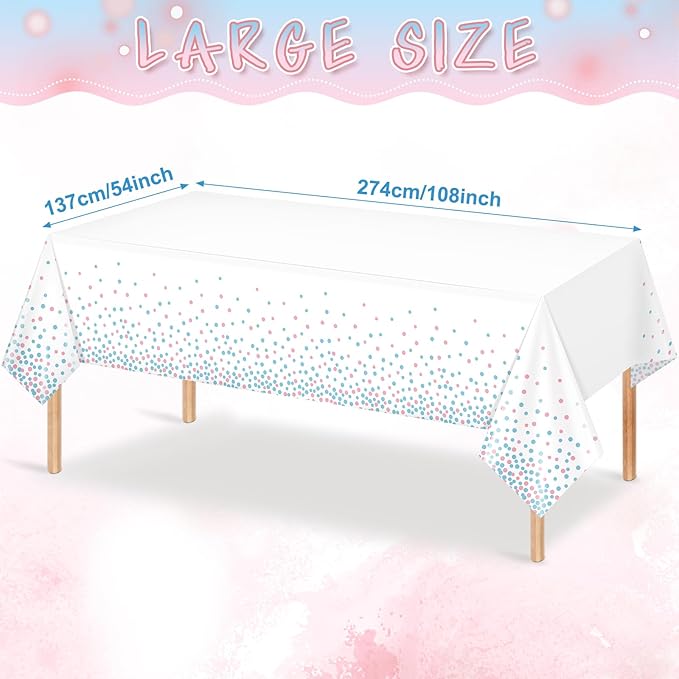 6Pack White and Pink Blue Plastic Tablecloth, White Disposable Table Cloth for Rectangle Tables, Pink Blue Stamping Dot White Tablecloth for Gender Reveal Baby Shower Birthday Party Supplies, 54"x108"