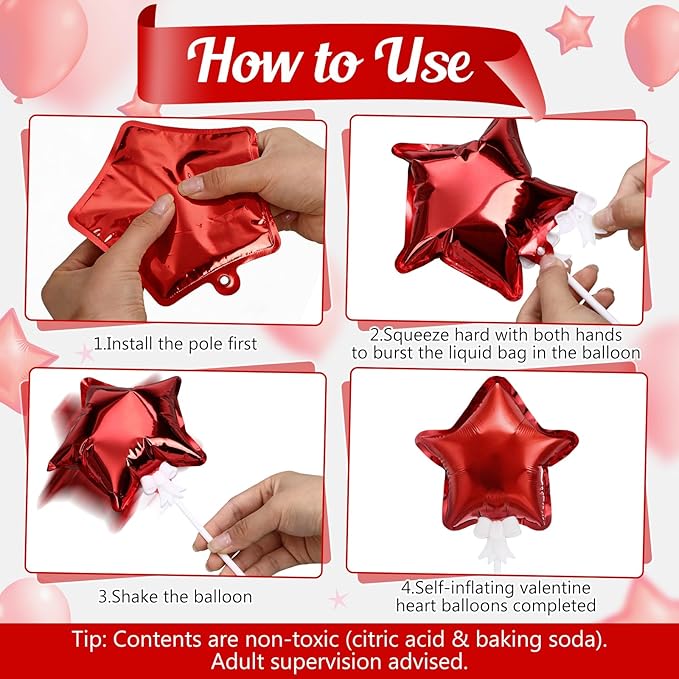 30 Pcs Star Self Inflatable Balloons with Bow Stems Star Foil Balloons Mini Pentagram Decoration for Patriotic Independence Day Graduation Birthday Baby Shower Anniversary(Red,4 Inches)