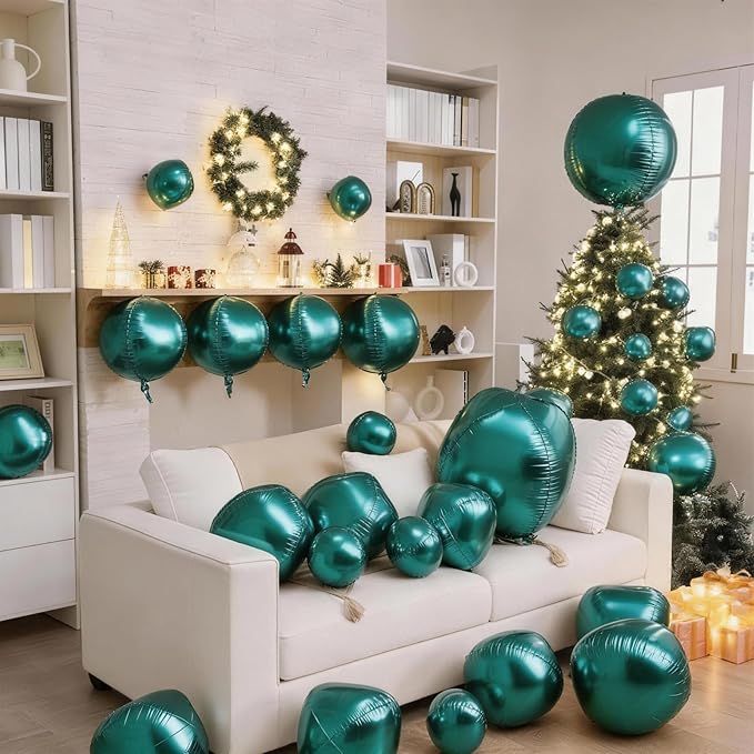 12Pcs Dark Green Round Balloons Foil, 22" 18" 15" 10" 4D Sphere Shaped Balloon Different Size, Large Metallic Green Balloons for Wedding Prom Jungle Baby Shower Birthday Party Decorations Backdrop