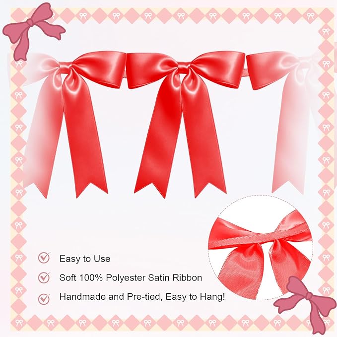 1 String of 8PCS Red Bow Garland Banner Decoration,Pre-Strung Satin Ribbon Ornaments for Birthday,Bachelorette Party, Bridal Shower,Wedding,Engagement, Baby Shower,Graduation Decor,Valentine's Day