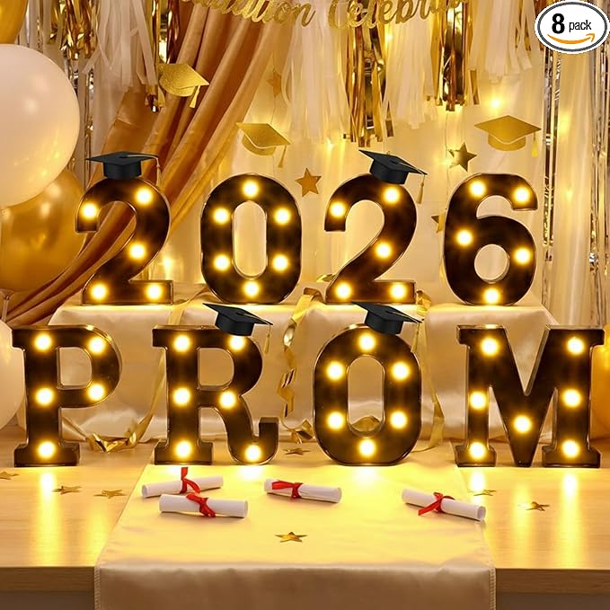 8 Pcs Graduation Decorations 2026 Prom LED Light Letters Sign Class of 2026 Ornaments for Senior High School College Table Wall Centerpieces Decor Party Supplies