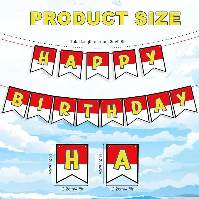Cartoon Red White Yellow Happy Birthday Party Banner, Ultra-Thick Premium Paper Letter Birthday Garland, Adjustable Spacing Perfect Kid Birthday Hanging Sign Decoration Supplies(No DIY Required)