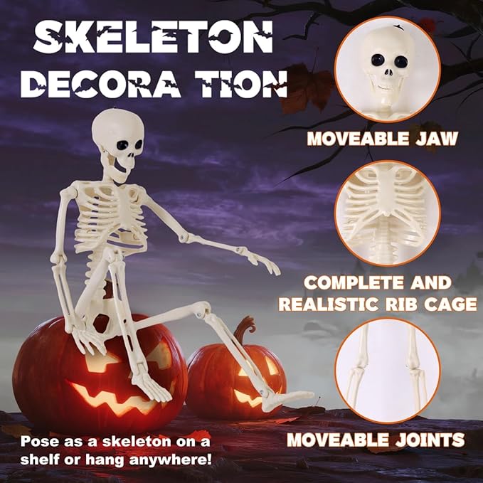 Feir 16" Skeletons Halloween Decorations – 5PCS Posable Full Body Skeletons with Movable Joints, Realistic Props for Outdoor Yard, Haunted House, Party & Indoor Halloween Decor