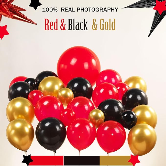 Black Red and Gold Balloon Garland Arch Kit 150PCS – Starburst Balloons for 2025 Graduation Party Decorations, Prom, Class of 2025, Movie Night or Casino Theme Celebration