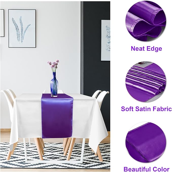 12Pack 12x108 Inch Satin Table Runner and 54x108Inch Plastic Tablecloths Set White Purple Disposable Rectangle Table Cover for Graduation Wedding Bridal Shower Anniversary Birthday Party Decorations