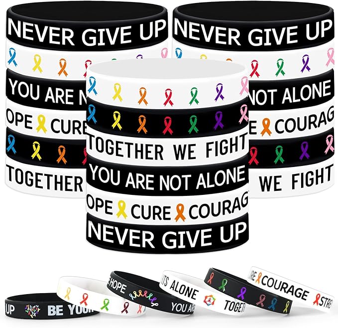 JUNEBRUSHS 42pcs Cancer Awareness Silicone Wristband Bulk All Prevention Ribbon Inspirational Rubber Bracelets for Cancer Fighters Favor Dress-Up Supplies