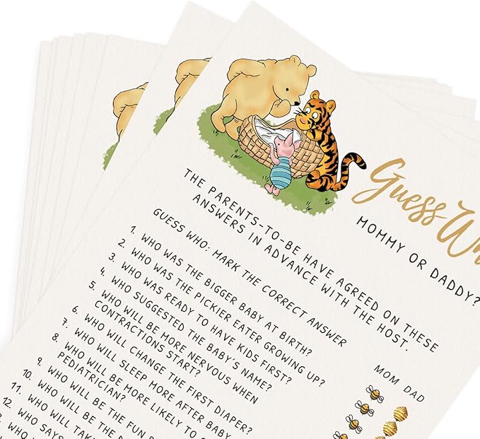 Printed Party Winnie Baby Shower Game Set – 4 Games with Classic Pooh Theme for 30 Guests, Includes Bingo, Mommy-to-be Trivia, Storybook Icon Guessing, and Guess Who, Bear Theme for Boy or Girl