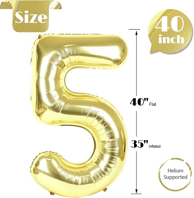 Champagne Gold 5 Balloon, Number Balloons 40 Inch, Light Gold 5th Birthday Balloon Decorations, Light Gold Party Supplies, 5 Number Balloons, Number 5 Balloon