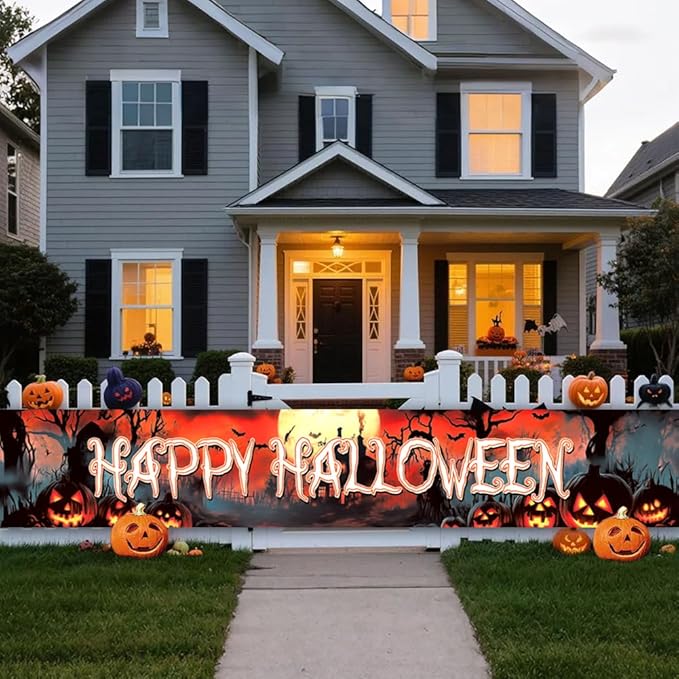 Happy Halloween Banner Large 120 x20 Inch Yard Sign Banner Flag Scary Halloween Party Hanging Decorations for Outdoor Fence Garage Garden Porch Holiday Backdrop Decor