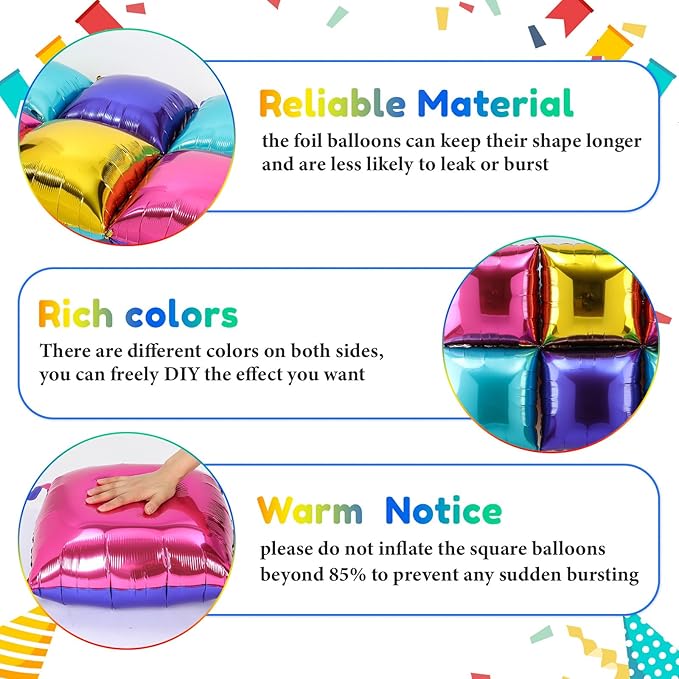 36 Pcs Magic Dollhouse Birthday Decorations Balloons Brick Square Foil Balloons Wall Backdrop Arch Kit Double Sided Metallic for Cartoon Video Game Party Supplies(Pink Blue Purple Yellow)