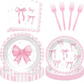 100 Pcs Pink Ribbon Bow Party Supplies Set - Serves 25, Watercolor Disposable Tableware, Includes Paper Plates, Napkins, Forks for Wedding, Bachelorette, Birthday, Girl’s Coquette-Style Themed Favors