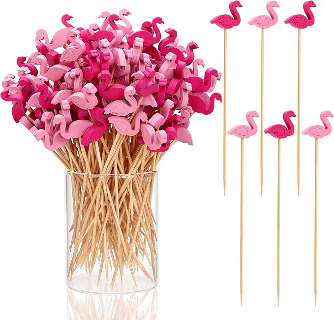 100 Pcs Flamingo Toothpicks, 4.72 Inch Flamingo Toothpicks for Appetizers, Long Bamboo Toothpicks, Decorative Toothpicks Skewers for Luau Hawaii Beach Holiday Party Decorations (Flamingo)