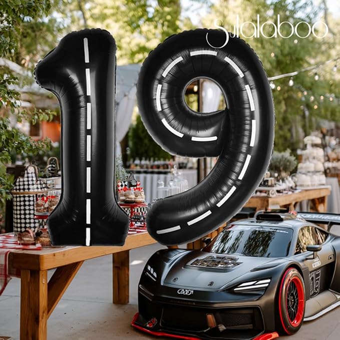 Race Car 40Inch Black 19 Balloon Number Large Helium Race Track 0-9 Giant Digital 19th Foil Mylar Big Party Number Balloons for Boy Birthday Car Theme Party Anniversary Graduation Decorations