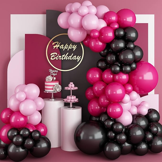 Hot Pink Black Balloon Garland Arch Kit,Rose Red Black and Pink Latex Balloons for Baby Shower Wedding Birthday Graduation Anniversary Bachelorette Party Background Decorations