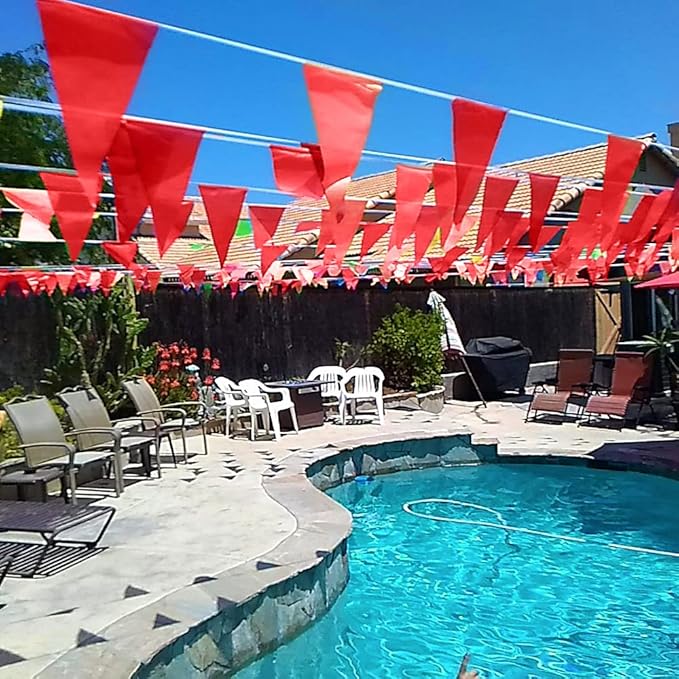 Novelty Place 36 Feet Solid Red Pennant Banner - 30 Multicolor Bunting Flags (8x11 Inches) - Birthday Party Grand Opening Holiday Decorations
