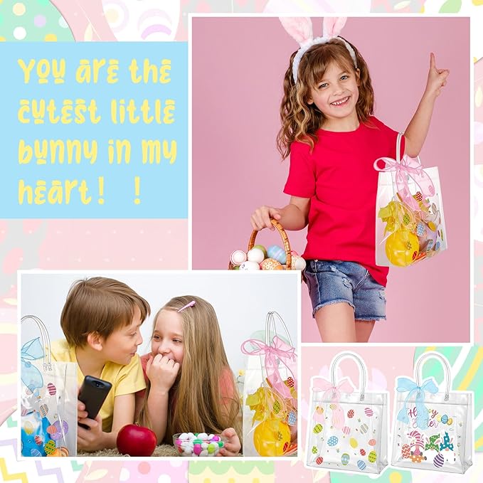 Henoyso 24 Pcs Easter Clear Gift Bags with Handles Plastic Treat Goodie Candy Bags Reusable PVC Party Favor Tote with Ribbon for Easter Birthday Party Gift Wrapping, 7.8 x 7.8 x 3.1 Inches
