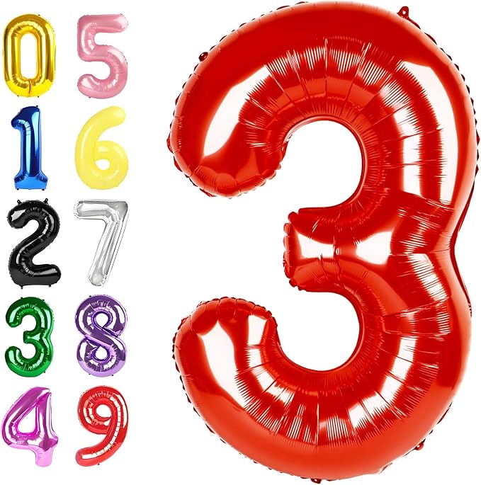 3 Birthday Balloon, 40 Inch 3 Year Old Balloon for Birthday Party Decoration, Red Number 3 Ballon for 3, 13, 23, 38 Celebration, Men and Women, Wedding, Anniversary Decor
