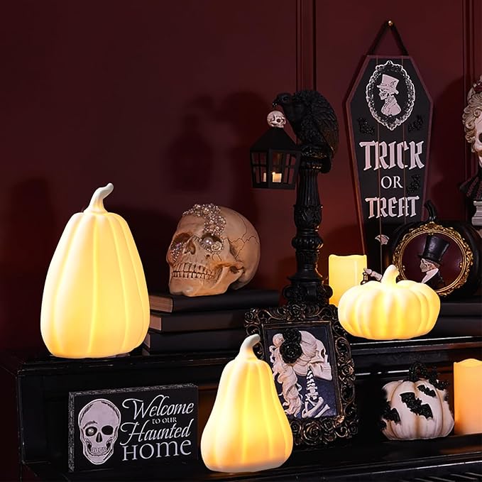 Light Up Pumpkin Halloween Decor - 3 Pack Ceramic Pumpkin Decor for Indoor, Table, Tray